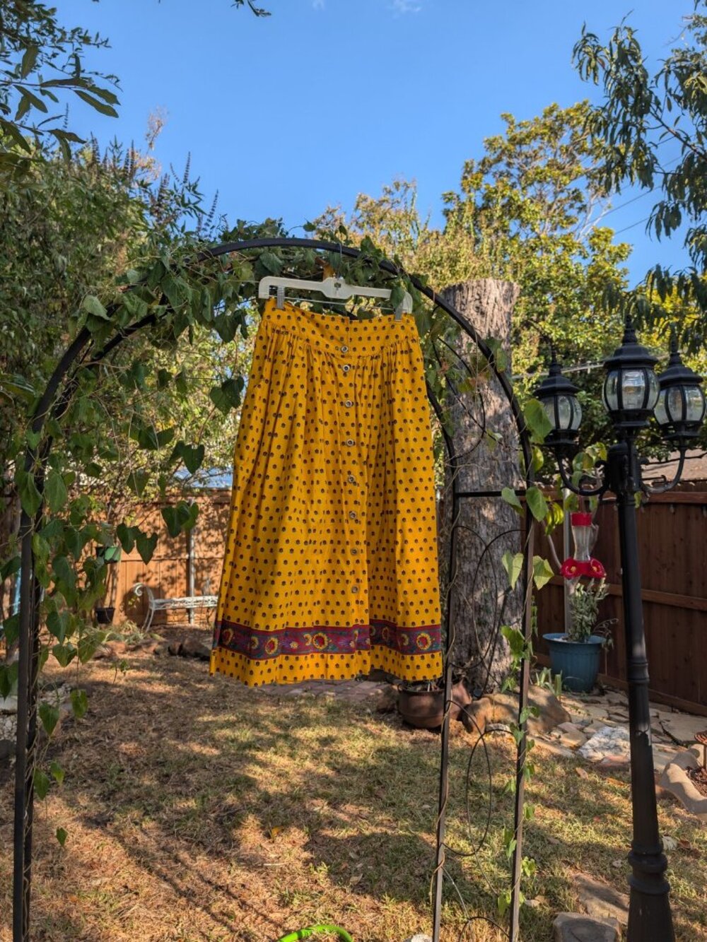 Vintage Mustard Floral Button Front Midi Skirt Border Print Boho
